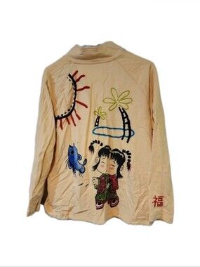 Vintage Y2k Spa By Chicos Embroidered Yellow Japan Asian Zip Up Jacket Size 3 XL